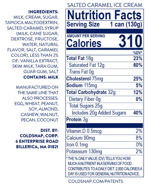ColdSnap Salted Caramel Ice Cream Nutrition Facts Panel